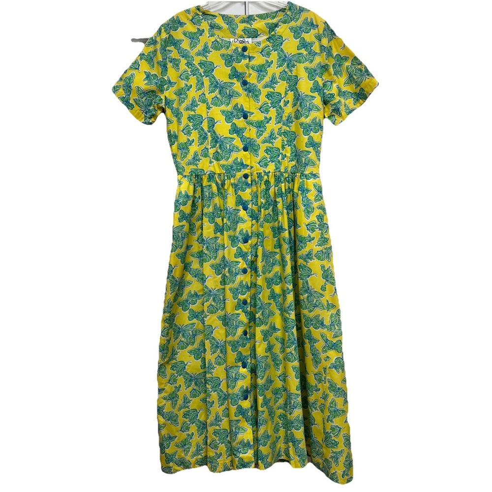 Vintage Lilly Pulitzer‎ Size 12 SS Long Dress Yellow Blue Green Butterflies